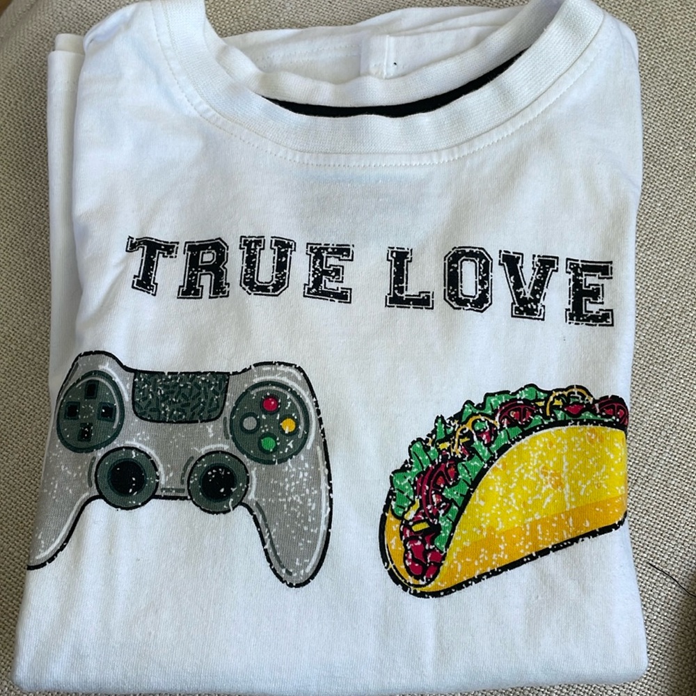 Vintage Washed Fabric Brand. True love taco and gamer controller